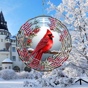 Cardinal Wind Spinner,3D Bird Spinners with Holly for Yard and Garden 3D Steel Wind Spinners Outdoor Wind Spinner 10 inch 3D Xmas Wind Sculptures