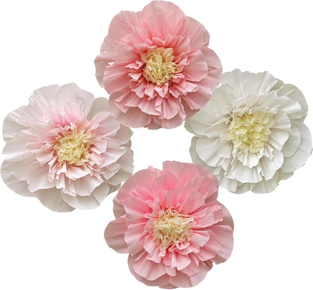 Mybbshower Crepe Paper Flower for Wall Psprt Pom Pom Decor Girls Birthday Party Backdrop Baby Shower Nursery Room Decoration Pack of 4 (Blush Pink White)