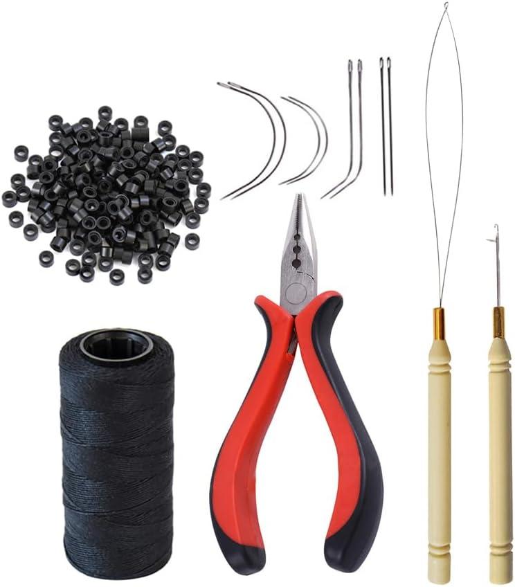 Hair Extensions Tool Kit: 200 Pcs Silicone Lined Micro Links Beads, 1 Three Hole Hair Pliers, 1 Roll Sewing Thread, 1 Loop Needle Threader, 1 Pulling Hook Needle, 8 Sewing Needles (Black)