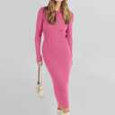ANRABESS Women Long Sleeve Sweater Dress Crewneck Bodycon Stretch Slim Fit Ribbed Knit Midi Dresses 2025 Fall Trendy Outfits Hot Pink X-Large (Pink, XL)
