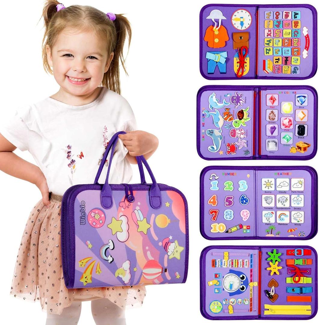 Toddler Busy Board - Montessori Toys for Toddler Girl Birthday Gift - Busy Book for Toddlers 3-5, Montessori Educational Learning Sensory Travel Activities Toys for Kids Ages 3-5 (Purple)