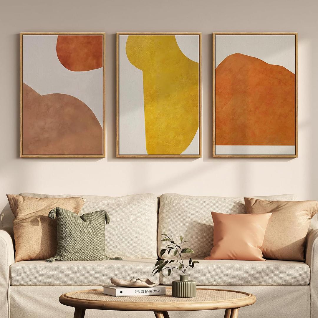 Framed Abstract Boho Wall Art for Living Room, 3 Piece Neutral Mid Century Modern Minimalist Canvas Artwork for Walls, Large Yellow Orange Geometric Wall Decor for Bedroom Home Office, 16x24 Inch, 16" W x 24" H x 3Pcs