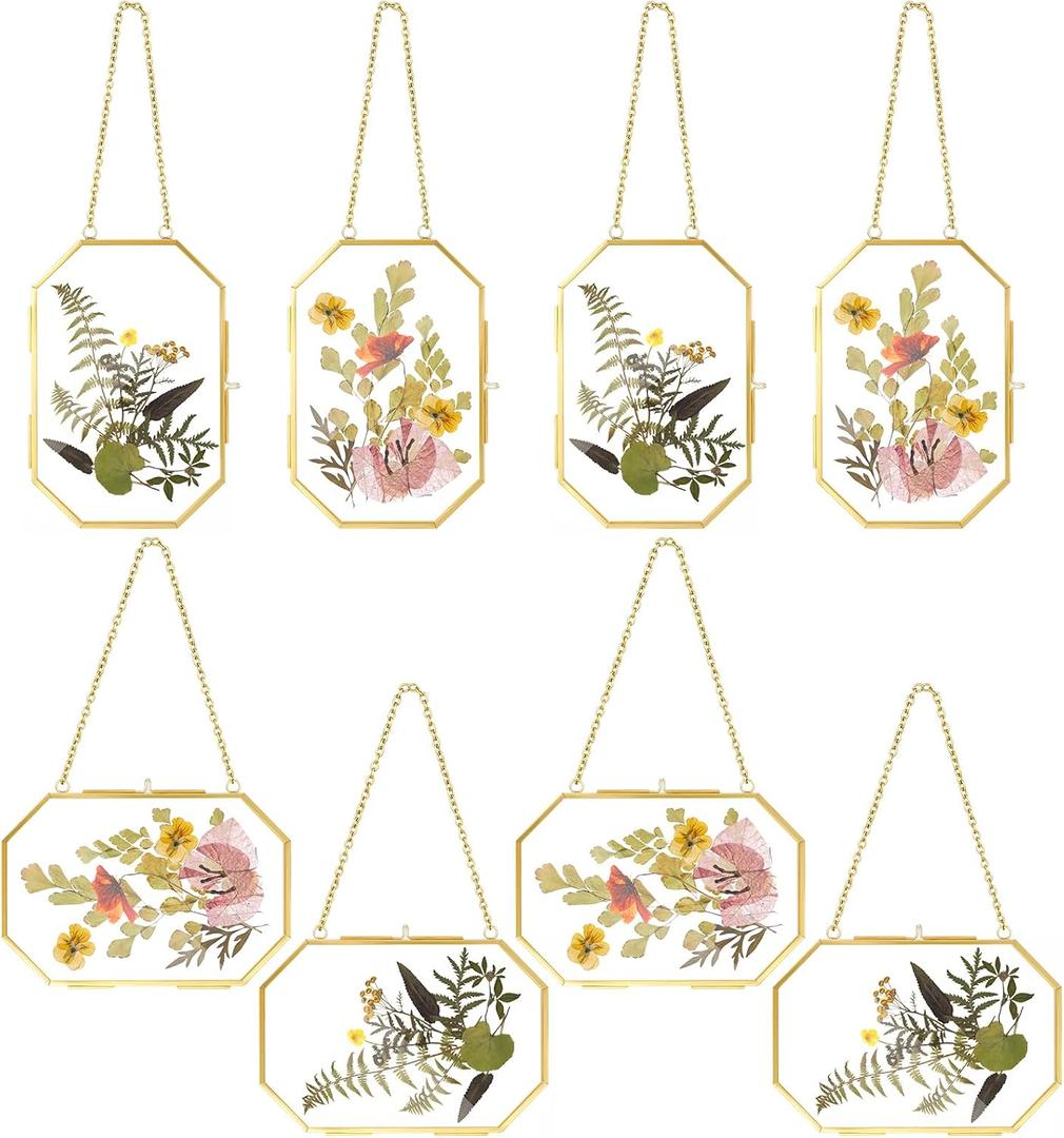 Spiareal 8 Pcs Octagon Glass Pressed Flower Frame 5 x 7 inches Double Clear Hanging Floating Frame with Chain Gold Geometric Herbarium Glass wall Picture for Dried Flower Plants Home DIY Wall Decor