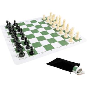 Portable Chess & Checkers Set, 42cm Tournament Chess Mat with Chess & Storage Bag, PU Leather Tournament Roll Up Chess Board Travel Chess Sets(Size:42cm)