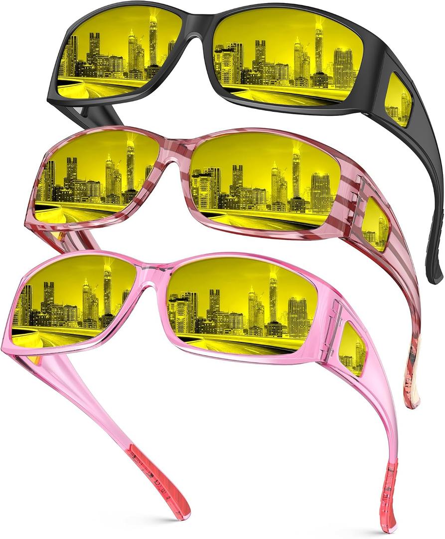 Night Vision Glasses, Fit Over Glasses Mens Womens, Wrap Around Anti Glare HD Night Vision Lens for Night Driving