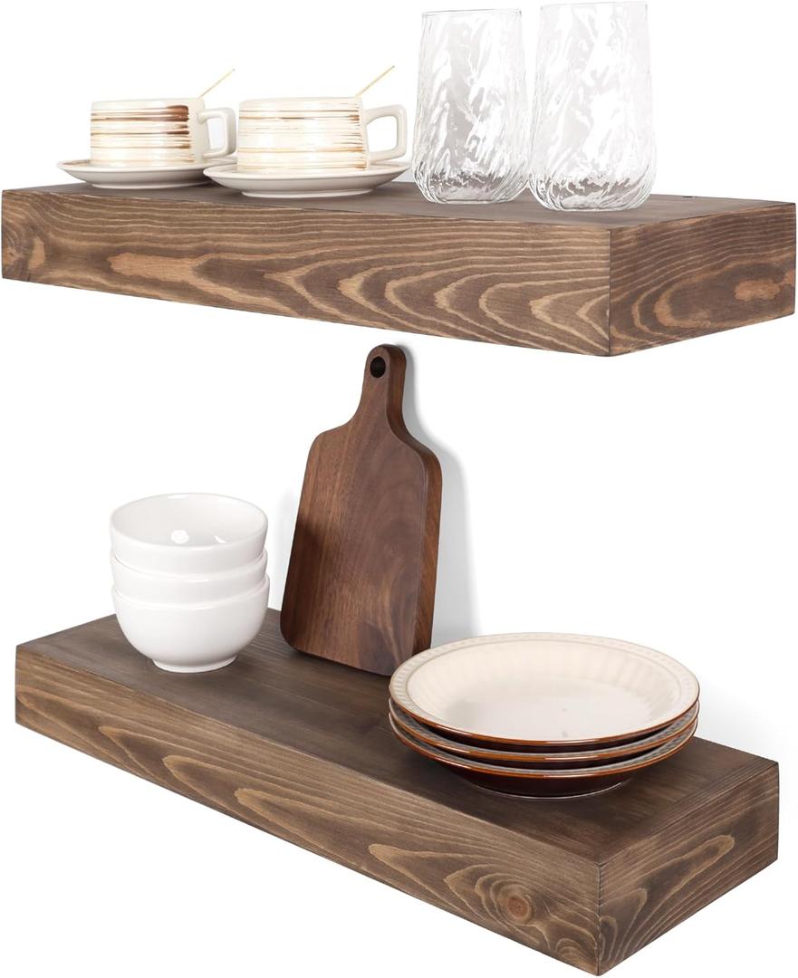 Floating Shelves 3 inch Thick for Wall Set of 2,Solid Pine Wood Wall Mount Shelf for Kitchen Living Room Bedroom Bathroom,8" D x 24" L x 3" H-Dark Walnut