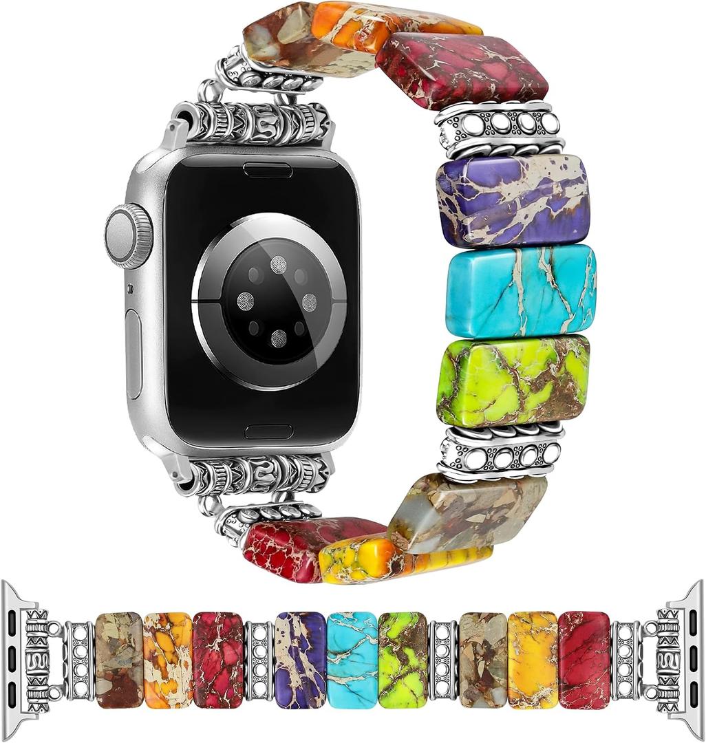 Newlibery Beaded Natural Stone Bracelet Band Women Compatible with Apple Watch 38/40/41/42mm(S10/11) Boho Elastic Western Vintage Imperial Stone Strap for iWatch Series 11/10/9/8/7/6/5/4/3/2/1/SE