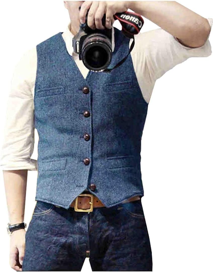 Ceehuteey Mens Suit Vest Waistcoat Tweed Retro V Neck Wool Herringbone for Prom (Medium, Blue)