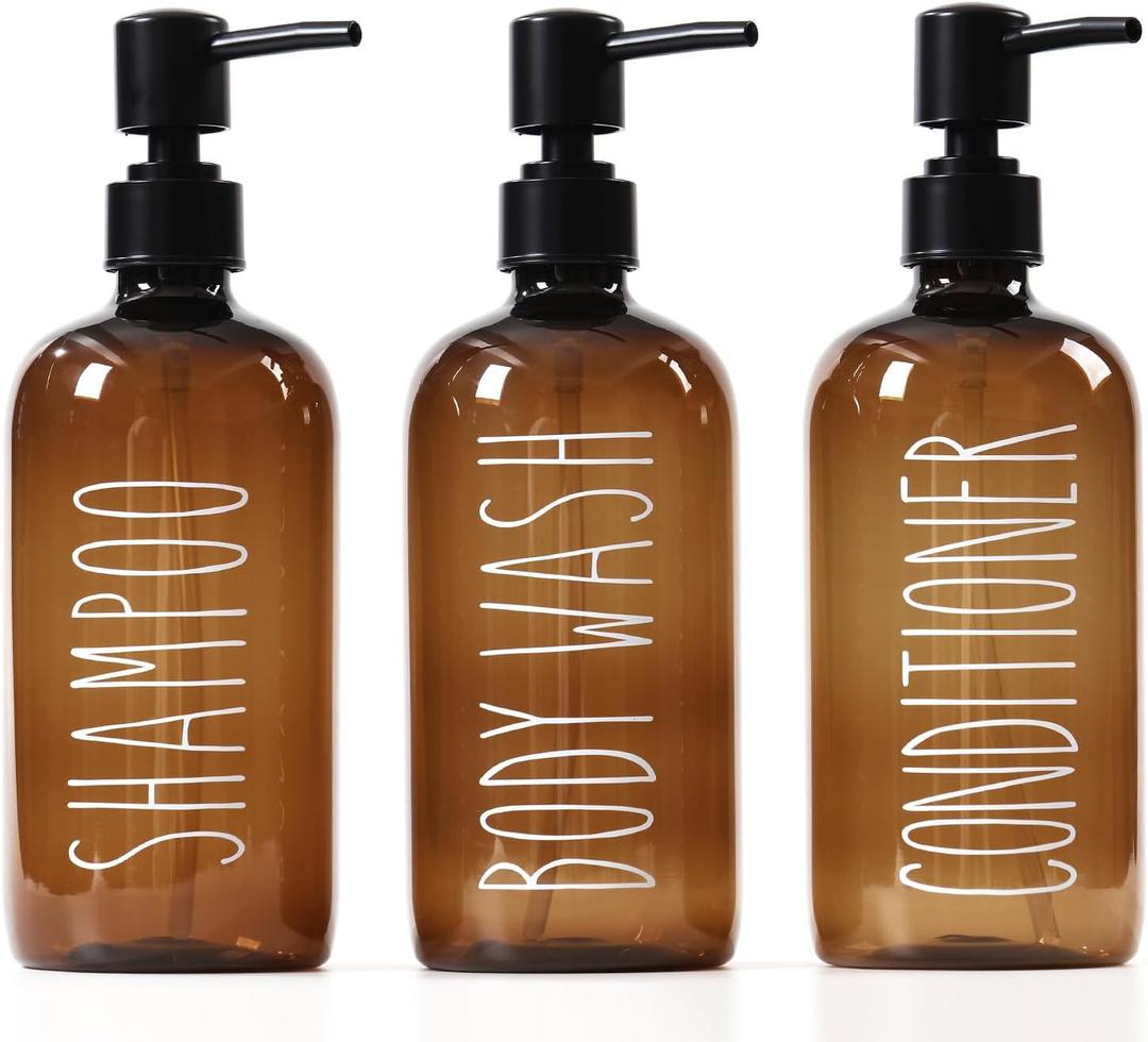 HOMCDALY Shampoo and Conditioner Dispenser Set of 3, 21oz Shower Soap Bottles with Pump, Refillable Shampoo Conditioner Body Wash Dispenser, Empty Bathroom Shower Shampoo Bottles(P-Brown)