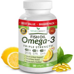 Triple Strength Omega 3 Fish Oil Supplements 2400mg | 180 Capsules, Burpless High Potency Lemon Flavor, High EPA DHA for Men & Women Ultra Pure Softgels | Joint Support, Eyes, Heart Brain Health Pills EXP: 11-2028