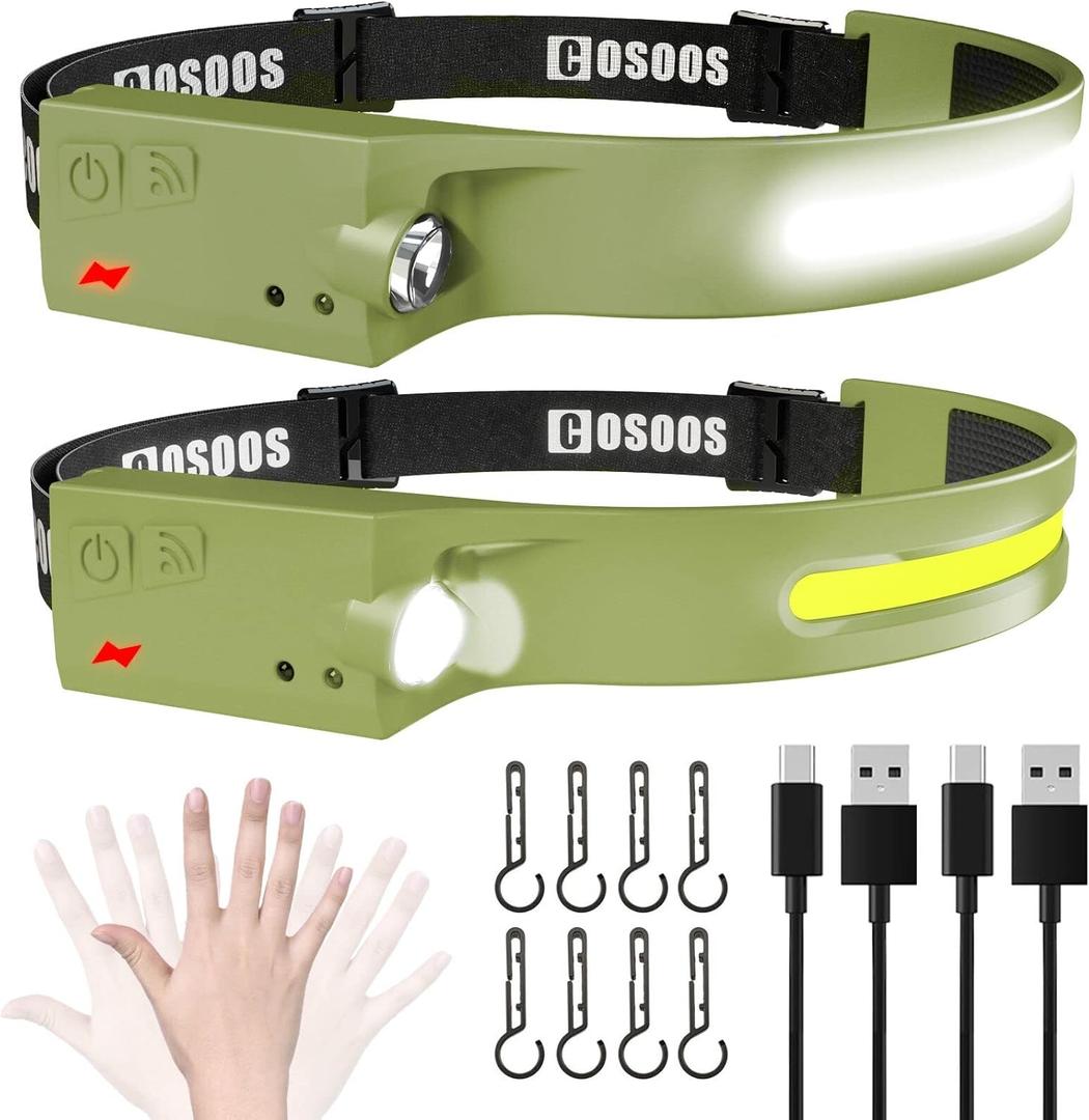 COSOOS 2 Rechargeable Headlamp Flashlight,Bright LED Head Lamp, 1000Lumen Floodlight & Spot Light, Motion Sensor, 2.4oz Lightweight Headband Headlight for Hardhat,Outdoor Hiking & Camping Accessory