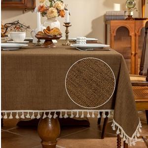 AmHoo Linen Blend Tablecloth Table Cloth 280 GSM Stitching Tassel Rectangle Decorative Natural Table Cover for Kitchen Dinning Wedding Buffet 55×55 inch Brown