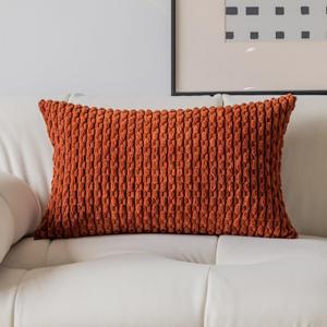 Kevin Textile Fall 14x24 Inch Pillow Cover 1 Pack Boho Decorative Soft Striped Corduroy Lumbar Farmhouse Solid Color Accent Rectangle Cushion Case for Living Room Couch Sofa Bed, Burnt Brick