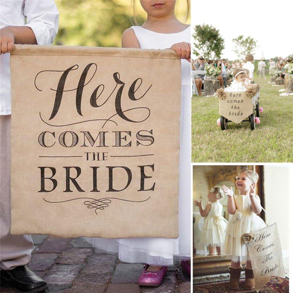 'HERE Comes The Bride' Burlap Bunting Banners for Wedding Backdrop Decoration, 1pc Flags