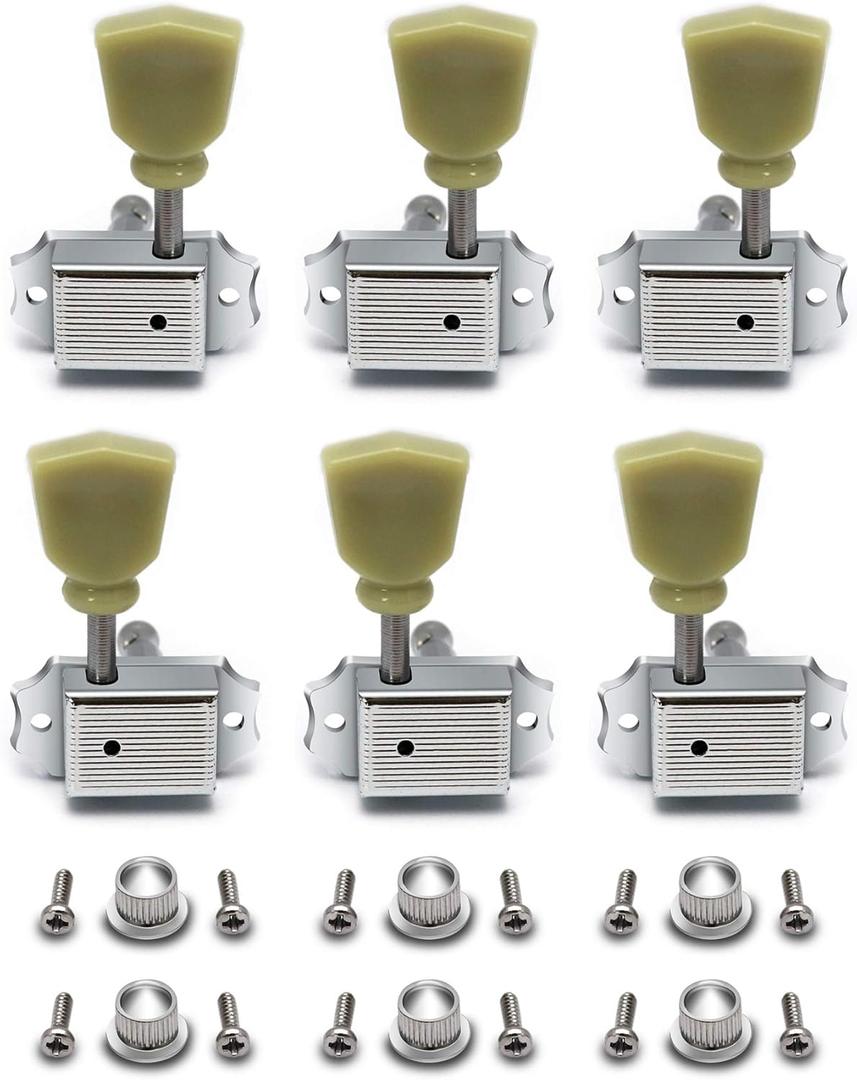 Metallor Vintage Guitar String Tuning Pegs Tuning Machines Tuning Keys Machines Heads Tuners Compatible with Les Paul LP SG Style Electric Guitar 3 Left 3 Right, Chrome with Tulip Button.
