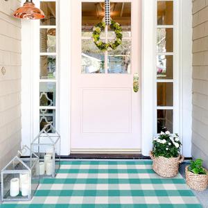 Spring Green & White Plaid Rug - 3' x 5' Outdoor Front Door Decor Mat Cotton Washable Hand-Woven Rug Christmas New Year Holiday Porch Entryway Layered Doormat
