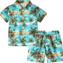ZOEREA Toddler Baby Boy Clothes Hawaiian Outfit Shorts Sets Printed Button Down Shirt and Shorts Summer Beach Clothes -5T (Blue-palm)