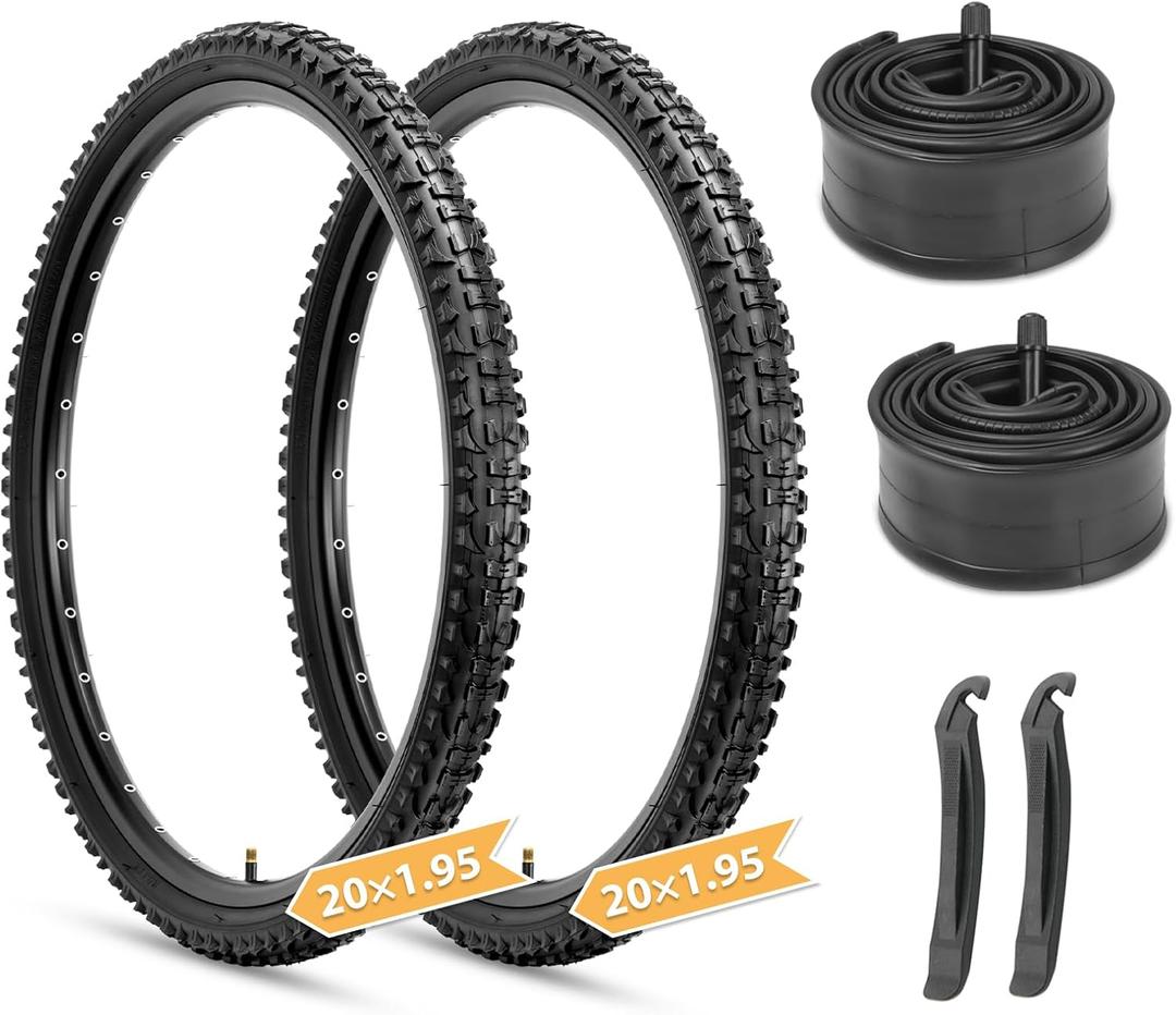 Hycline Mountain Bike Tires Set: 2-Pack 20x1.95 Inch Folding Replacement High-Density Bicycle Tires and Pair Inner Tubes with Tire Levers Compatible with MTB Off-Road Bike