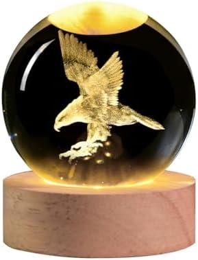 QIANCHANG 3D Eagle Crystal Ball Night Light, Glass Eagle Figurine Lamp, Laser Etched Engraved Crystal Eagle Statue, Carving Crystal Sphere Paperweight(2.4 in)