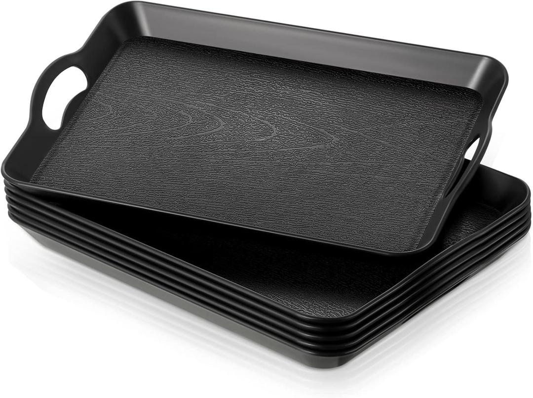 6 Pcs Serving Trays with Handles Trays for Eating 16 x 11 Inch Multi Purpose Plastic Tray Rectangular Anti Skid Decorative Food Tray for Restaurant Breakfast Countertop Party Kitchen (Black)