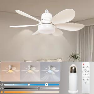 Socket Ceiling Fans with Lights and Remote E26/E27 Base Socket Fan Light with Led Bulb 1000 Lumens 3 Colors Screw in Small Ceiling Fan for Living Room Bedroom Kitchen Closet garage