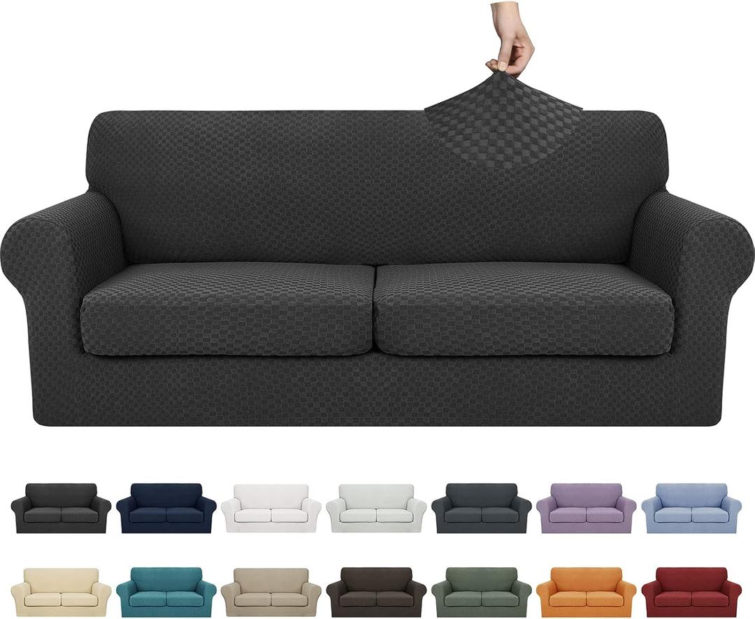 YEMYHOM Latest Checkered 3 Pieces Couch Covers for 2 Cushion Couch High Stretch Sofa Cover with 2 Extra Large Seat Cushion Covers Anti Slip Elastic Slipcovers (Black), 71"-91"(2 Cushions)