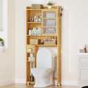 Over The Toilet Storage Cabinet with Acrylic Door Panel and Paper Towel Drawer, Bamboo Space Saver Shelf, Bathroom Organizer Rack Above WC (Without Power Strip, Natural)