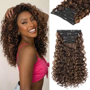 REECHO Curly Hair Extensions - 4PCS 14" GoGo Curly Clip in 100% Super Protein Hairpieces with Invisible Lace Weft Silky Soft Natural Look - Warm Brown with Highlights