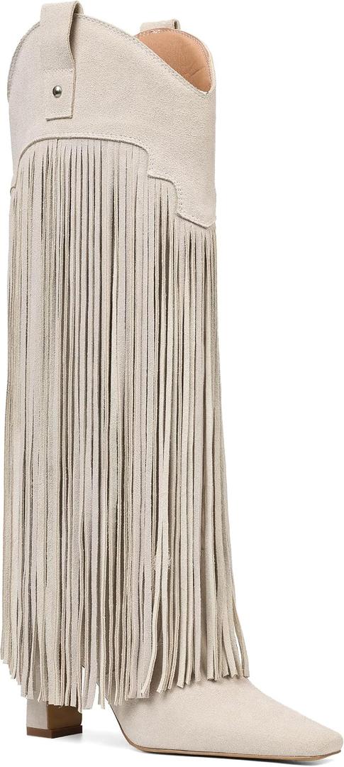 Mattiventon Knee High Boots for Women Fashion Fringe Boots with Square Toe Chunky Heel Pull On Suede Tall Boot for Party Dating (Beige), 8