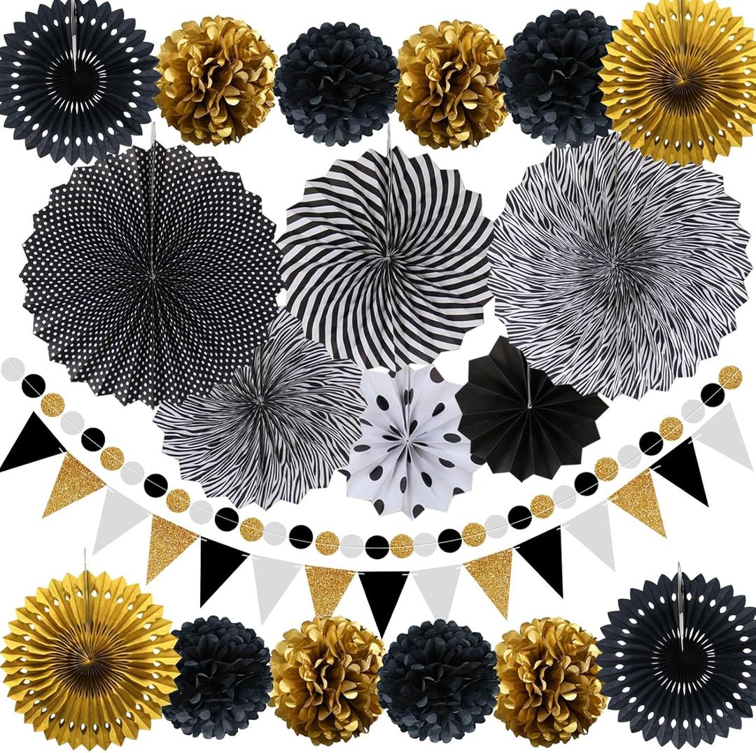 Party Decorations, Black and Gold Hanging Paper Fans, Pom Poms Flowers, Pennant, Garland String, Banner for Birthday Parties Wedding Dcor, Table & Wall Decorations