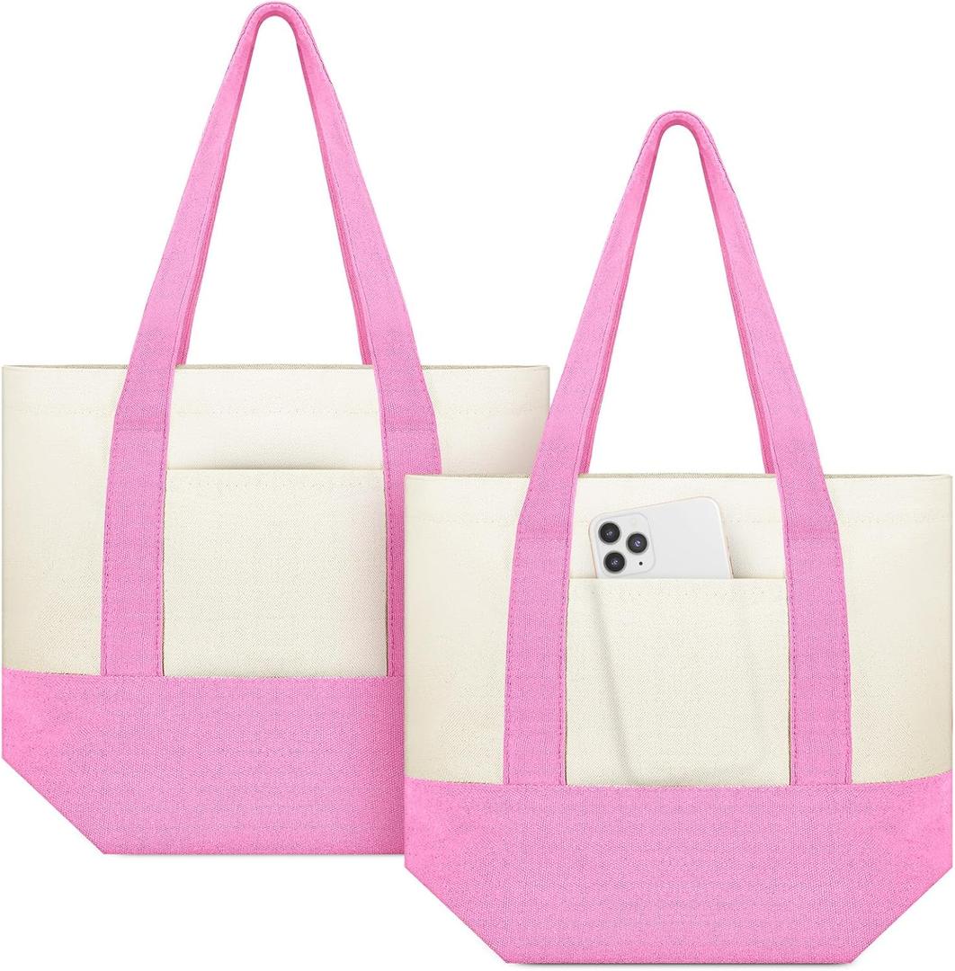 Amylove Mini Canvas Tote Bag with Pockets Duty Canvas Sublimation Blank Small Bag Mini Reusable Tote for Crafts DIY (13" X 11", Pink)