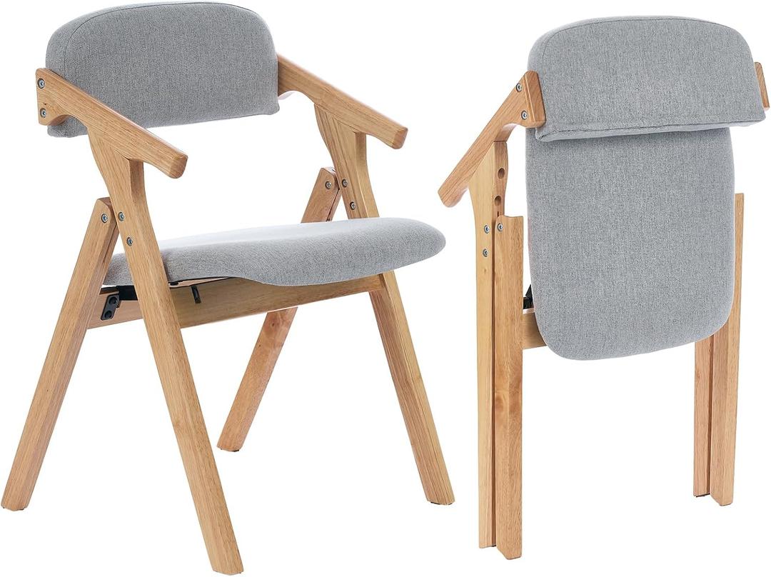 Folding Chairs with Padded Seats, Wooden Stackable Dining Chair, Easy to Store Foldable Dining Chairs for Kitchen, Living Room, Wedding Party Picnic (Grey)
