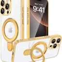 Fingic for iPhone 16 Pro Max Case[Full Camera Len Protector]with Magsafe with Invisible Stand Military Grade Drop Protection Cute Thin Fit Non-Yellowing Clear TPU Rugged Bumper Anti-scratch Case,Gold