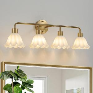4 Light Gold Brass Bathroom Light Fixture,Brush Gold Vanity Lighting Over Mirror,Cute Milk White Glass Flower Lampshade,E26 Socket(Bulbs Not Included)