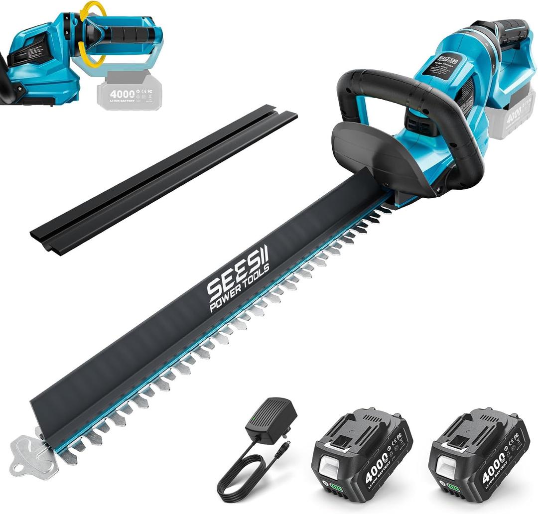 SEESII 22" Hedge Trimmer Cordless, 20V Electric Bush Trimmer with 2 Pcs 4000mAh Batteries & Charger, 180°Rotatable Handle, 3/4" Blade Gap, Debris Collector, Handheld Power Shrub Trimmers for Yard