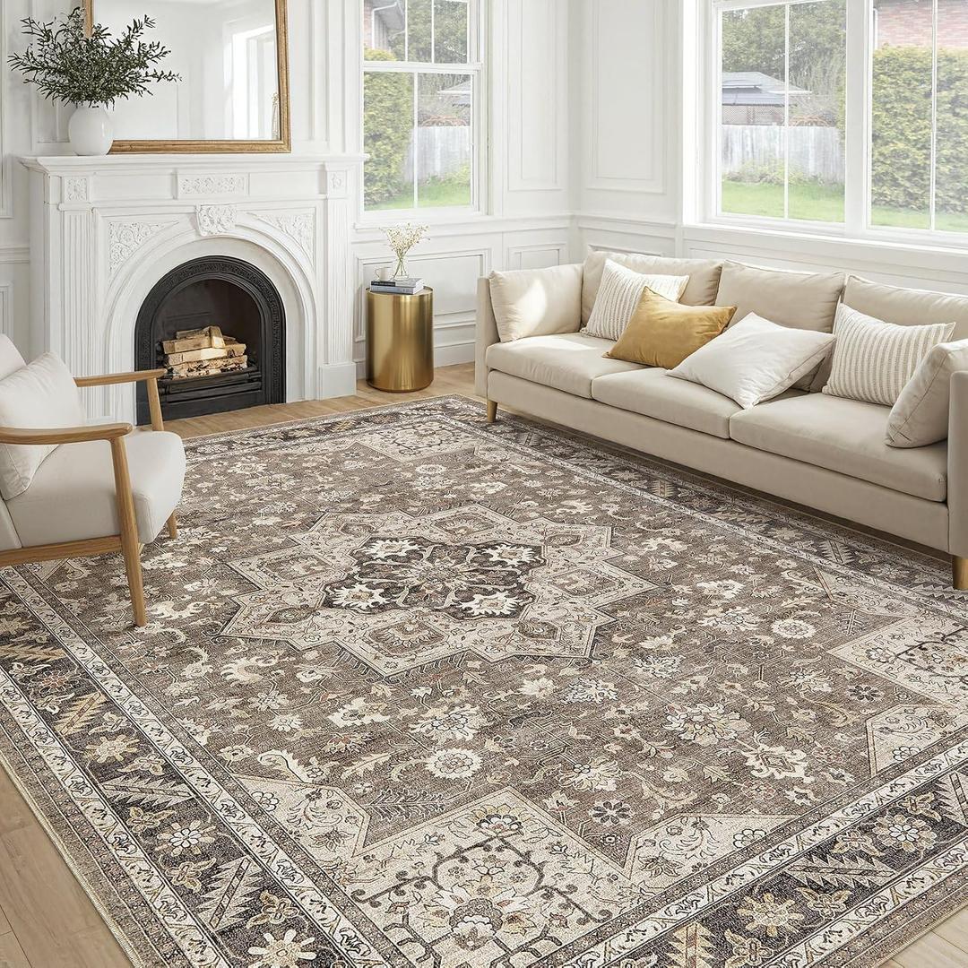 Vintage Living Room Area Rug 9x12 - Large Soft Washable Oriental Traditional Distressed Farmhouse Rugs for Bedroom - Indoor Floor Accent Carpet for Home Office House Decor - Brown