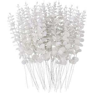 FEQO 36 Pcs White Eucalyptus Stems Artificial Leaves Faux Eucalyptus Stems Branches 15 inch for Wedding Bouquet Home Decor