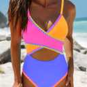 popvil One Piece Swim Suit for Women 2026 Neon Bathing Suit Cut Out Wrap Color Block Swimsuits Shell Stitched Swimwear (S)