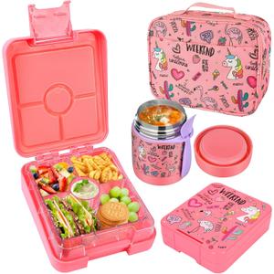 Bento Lunch Box Set With 10oz Soup Thermo, Leak-proof Lunch Containers with 4 Compartment, Kids Hot Thermo Food Jar/Insulation Lunch Bag, Food Containers for SchoolFlamingo (Pink-flamingo)