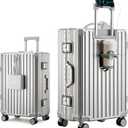 HotWay PC Hard Shell Checked Suitcase with Aluminum Frame, Luggage with Cup Holder and USB Port, Zipperless Luggage for Business Travel (Silver, Checked In 24Inch)