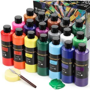 18 Colors Bulk Acrylic Paint Set (250 ml/8.45 oz Large Bottles), Non-Toxic for Kids & Adults, Acrylic Paint Bulk on Wood, Glass, Ceramic, Art Painting Supplies with Palette Knife & Art Sponge