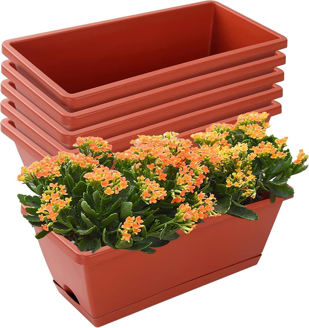 Window Box Planter, 7 Pack Plastic Vegetable Flower Planters Boxes 17 Inches Rectangular Flower Pots with Saucers for Indoor Outdoor Garden, Patio, Home Decor (Red)