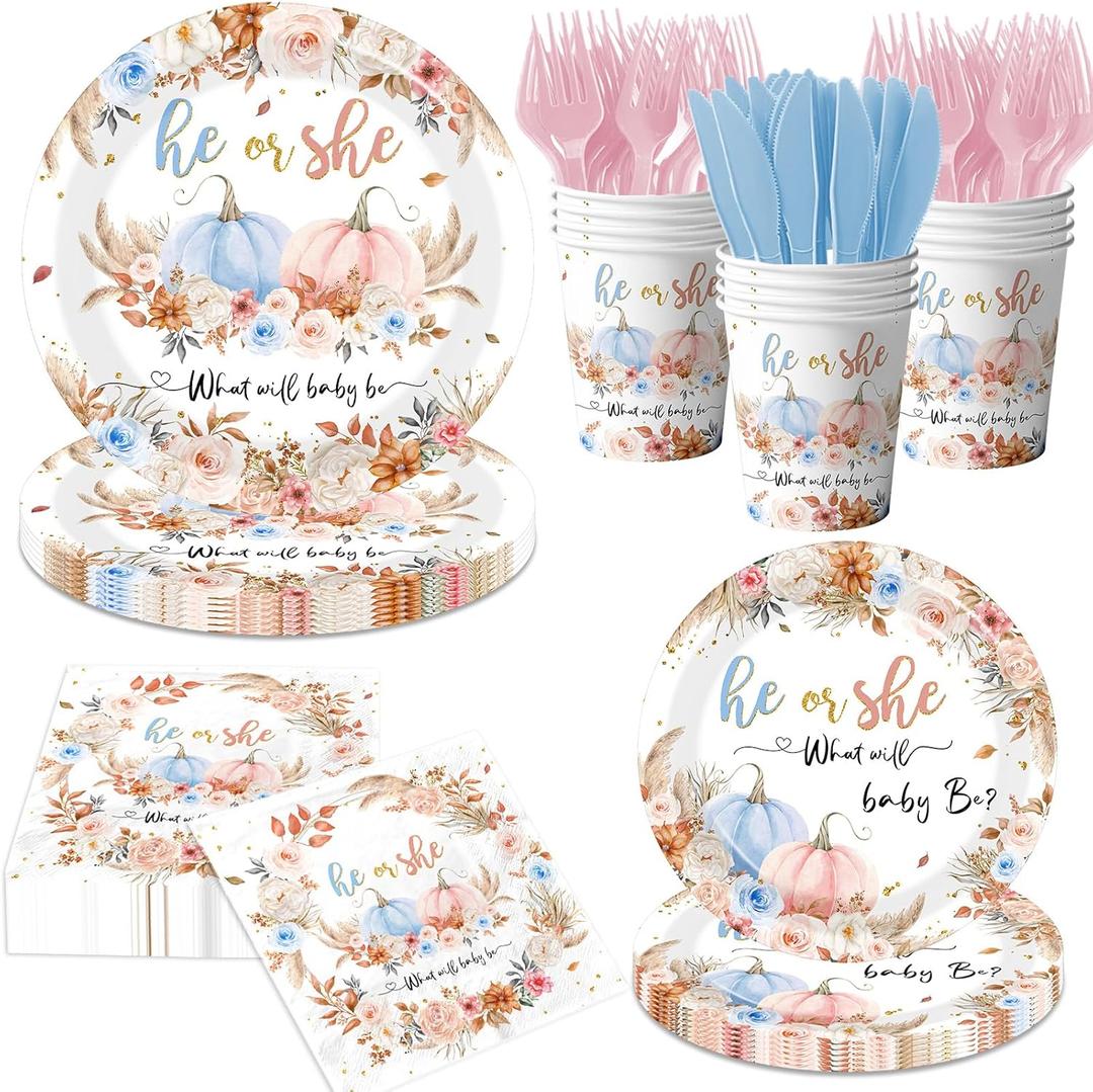 Pumpkin Gender Reveal Decorations, 144Pcs Fall Gender Reveal Decorations includes He or She Pumpink Plates and Napkins, He Or She What Will Our Little Pumpkin Be Decorations for Baby Shower