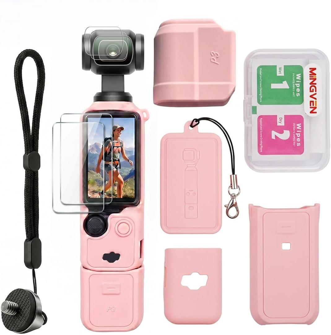 Osmo Pocket 3 Case, Protective Silicone Cover for DJI Pocket 3/Xtra Muse with Screen Protector & Wrist Strap, Soft, Scratch-Resistant and Sleeve Skin (Pink)
