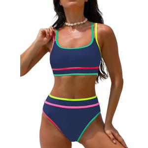 popvil Women's High Waisted Bikini Sets Neon Two Piece 2026 Swimsuit Sporty Adjustable Straps Bathing Suit (Medium, Blue2)
