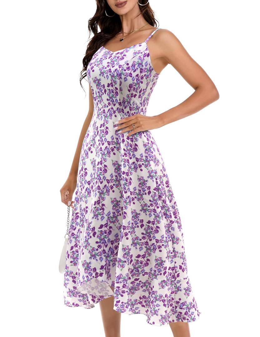 DRESSTELLS Women's Floral Wedding Guest Dress, Spring Easter Flowy Aline Midi Formal Mesh Boho Dresses for Tropical Summer Beach Party 2026 Purple Florl, Large