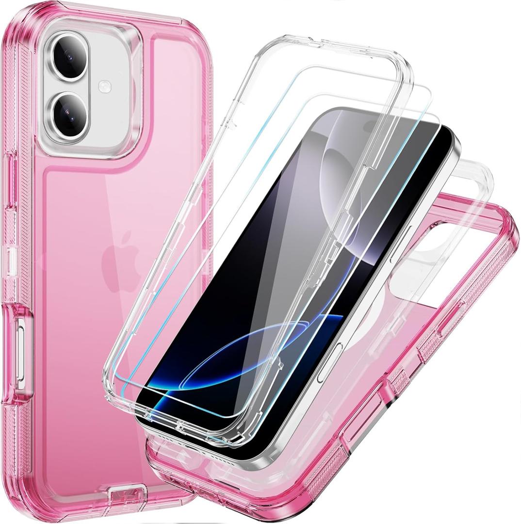 Compatible with iPhone 16 Case with HD Screen Protector, Heavy Duty Shockproof [3 in 1] Clear Phone Cases for iPhone 16 6.1" (Pink)