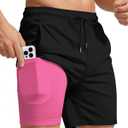 Men Swim Trunks with Compression 7 Inches Breathable Liner Quick Dry Zipper Pockets for Board Beach Gym Running (Black, L)