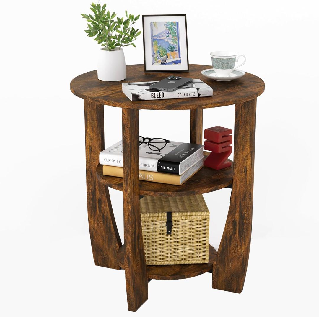 Round End Table with Storage Shelf,3 Tier Modern Side Table, Sofa Recliner Side Table,Accent Coffee Table,Nightstand for Living Room Bedroom for Small Spaces,19.7" D x 21.7" H (Rustic Brown)