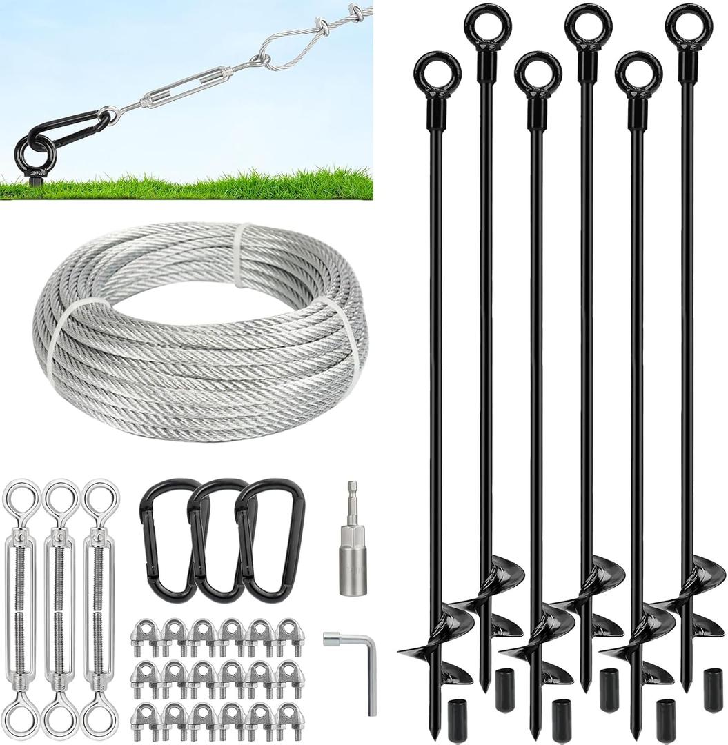 Tinnmao 30 Inch Ground Anchors Heavy Duty, 6 Pcs Screw in Shed Anchor Kit with Galvanized Cable & Turnbuckle, Multi-Use Earth Anchors for Sheds, Trampolines, Gazebo, Swing Sets, Carport